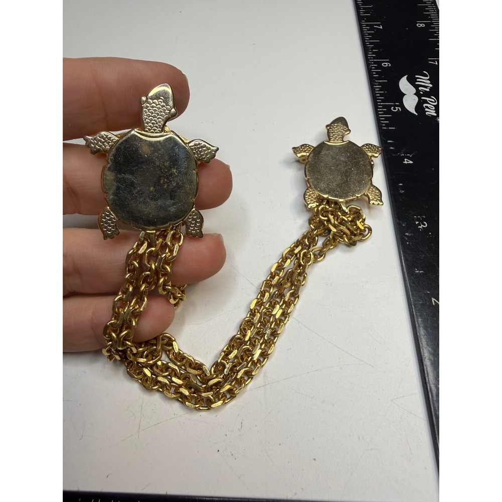 Gold Tone Turtle Sweater Guard Triple Chain Brooch Cardigan Clip Animal Jewelry